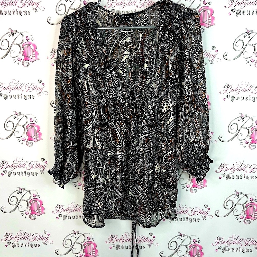 Plum blouse Paisley Print ruffle smocked tie up shiny shimmer long sleeve Top